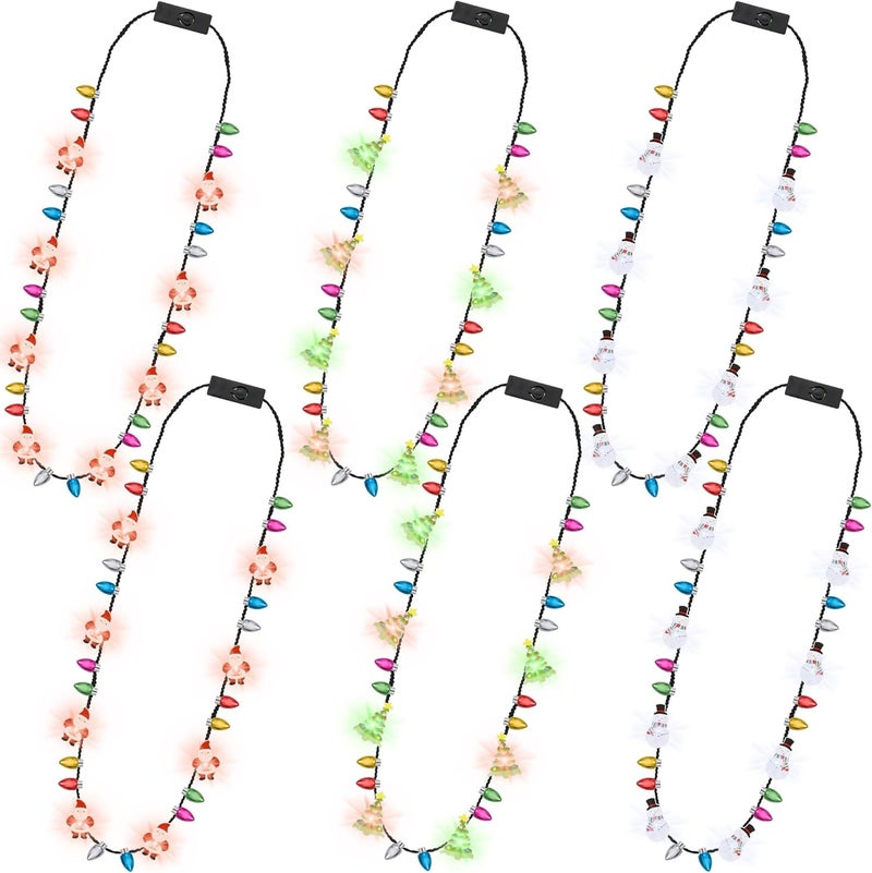 Traplace Store 6PCS Light Up Christmas Necklace, 3 Modes Christmas Accessories Multicolor Necklace Decorations, 3 Festive Designs with Santa, Tree, Snowman, Ugly Sweater Decor Xmas Theme Party Supplies - Image 1